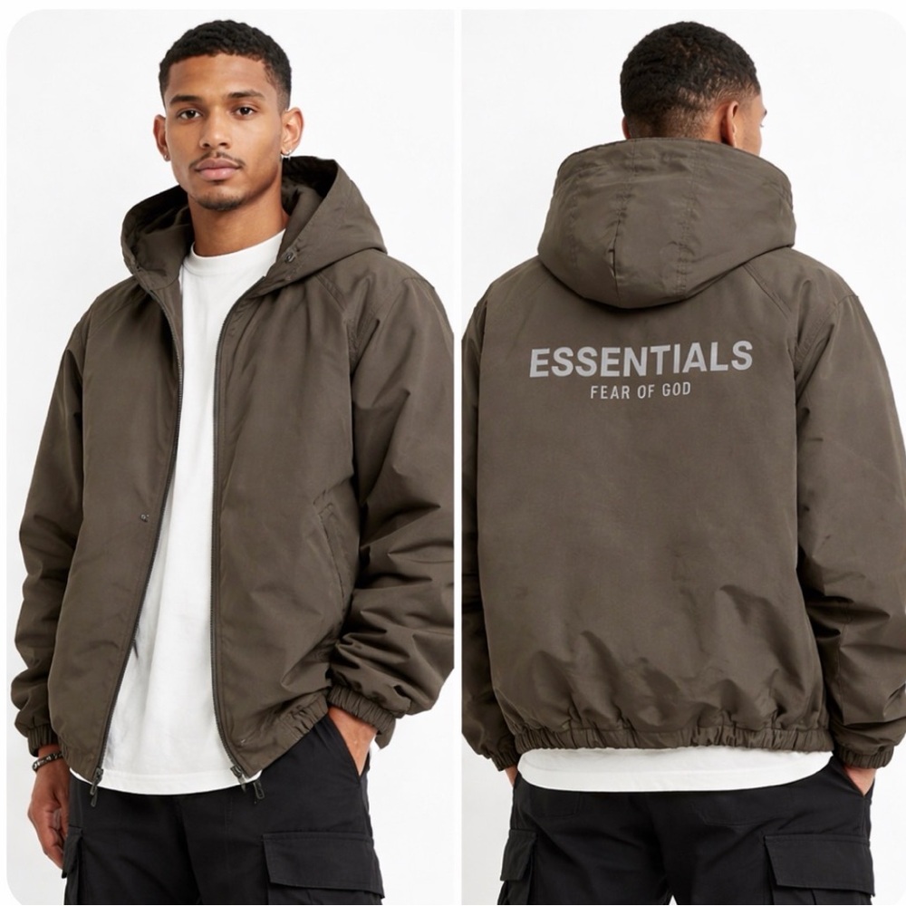 Essentials Fear Of God Brown Hooded Bomber Jacket M Logo Full Zip Streetwear